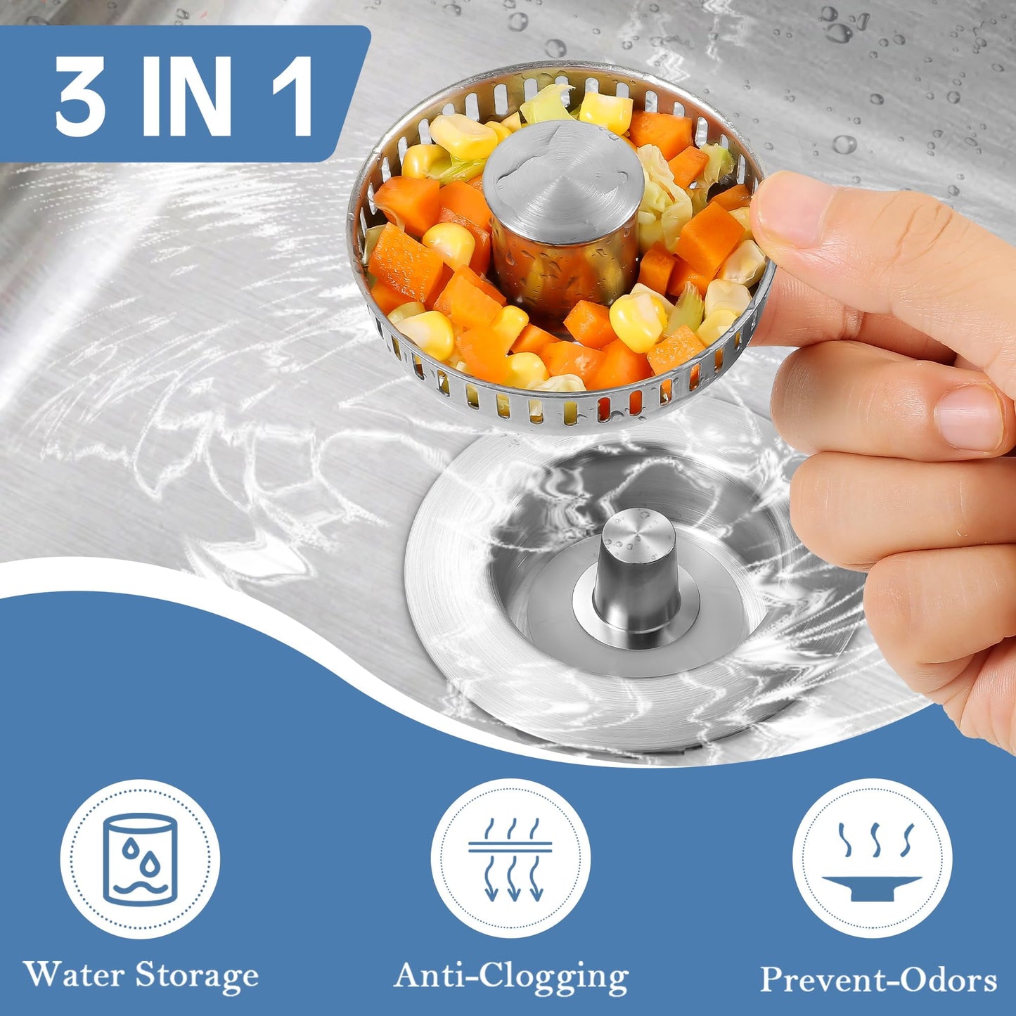 CNDRLEF 3 in 1 Kitchen Sink Drain Strainer & Stopper Combo, SUS304 Stainless Steel Pop-Up Sink Strainer, Anti-Clogging & Odor Resistant Drain Filter for US Standard Kitchen Sink