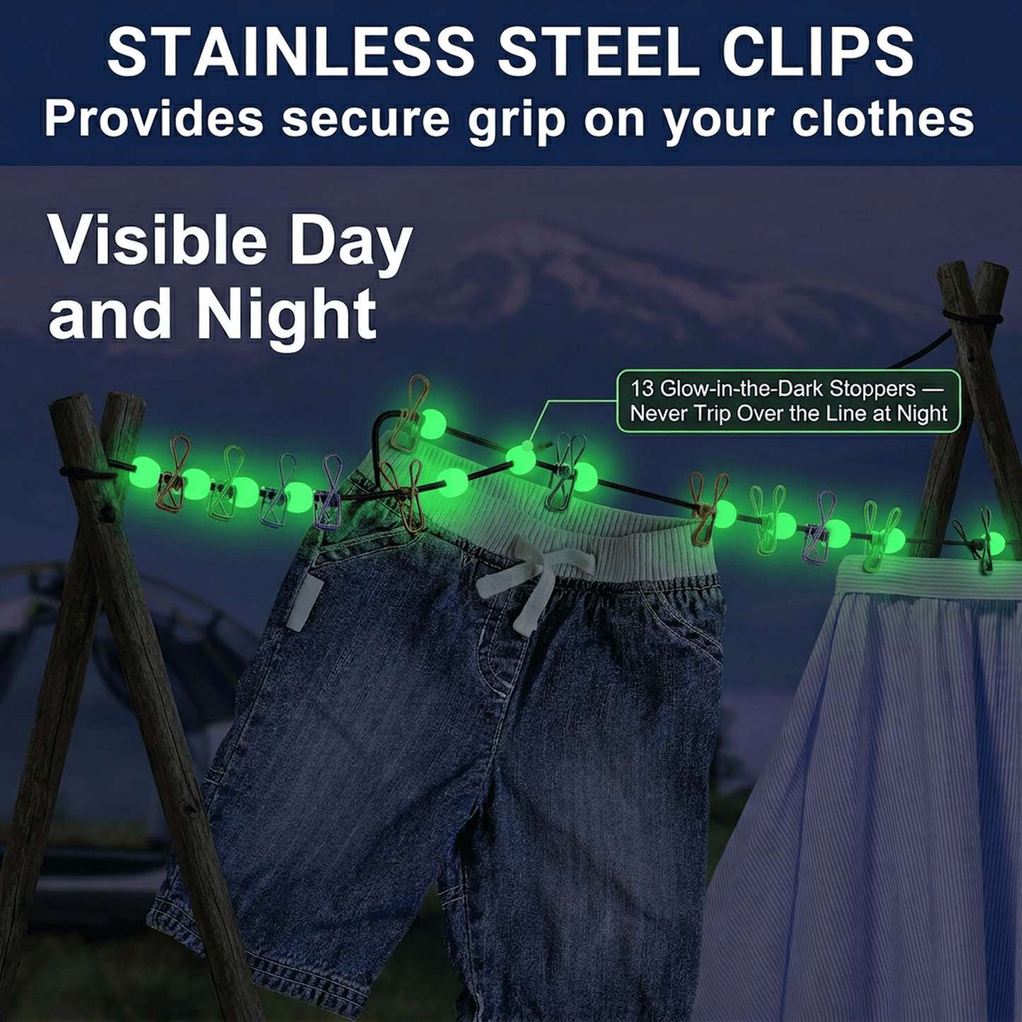 CNDRLEF Portable Travel Clothesline with 12 Clips, Glow in the Dark Laundry Line, Stretchable 6-10 Ft with Bag for Camping, Hotel, RV