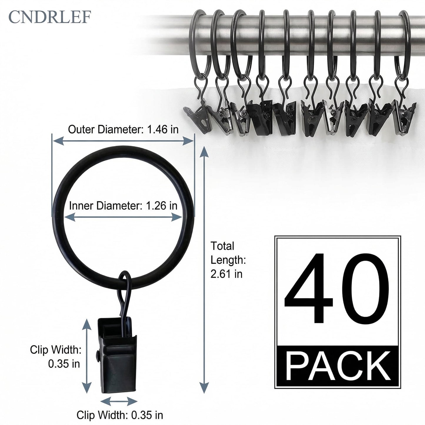 CNDRLEF Curtain Rings with Clips, 40 Pack Heavy Duty Black Drapery Clip Rings, Metal Curtain Clip Rings for Curtains, Drapes, Photos and Home Decor, 1.26 in Inner Diameter