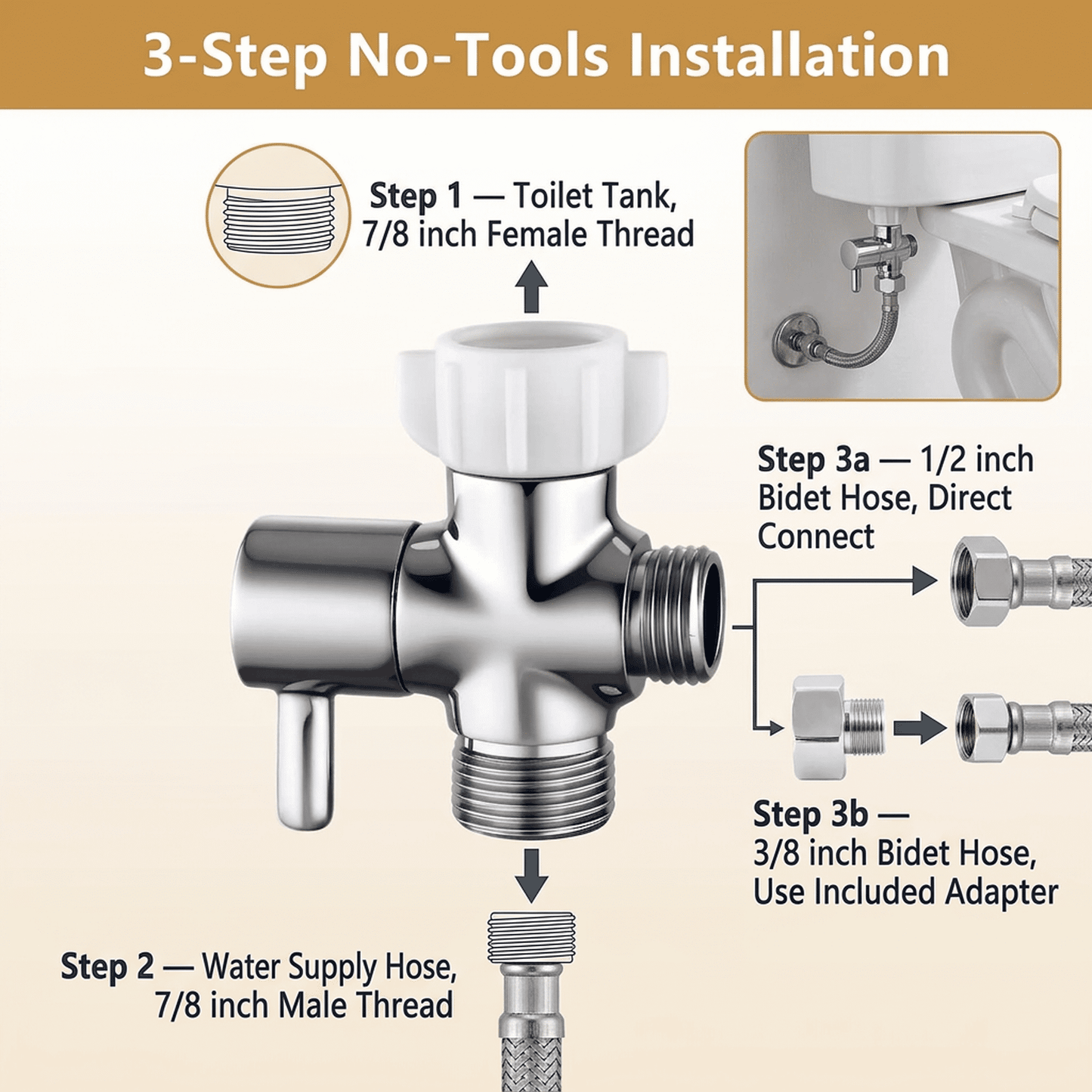 CNDRLEF Bidet T Adapter with Shut-Off Valve, Solid Brass 7/8 x 7/8 x 1/2 Tee Connector, 3/8 Adapter Included for Toilet Bidet Sprayer