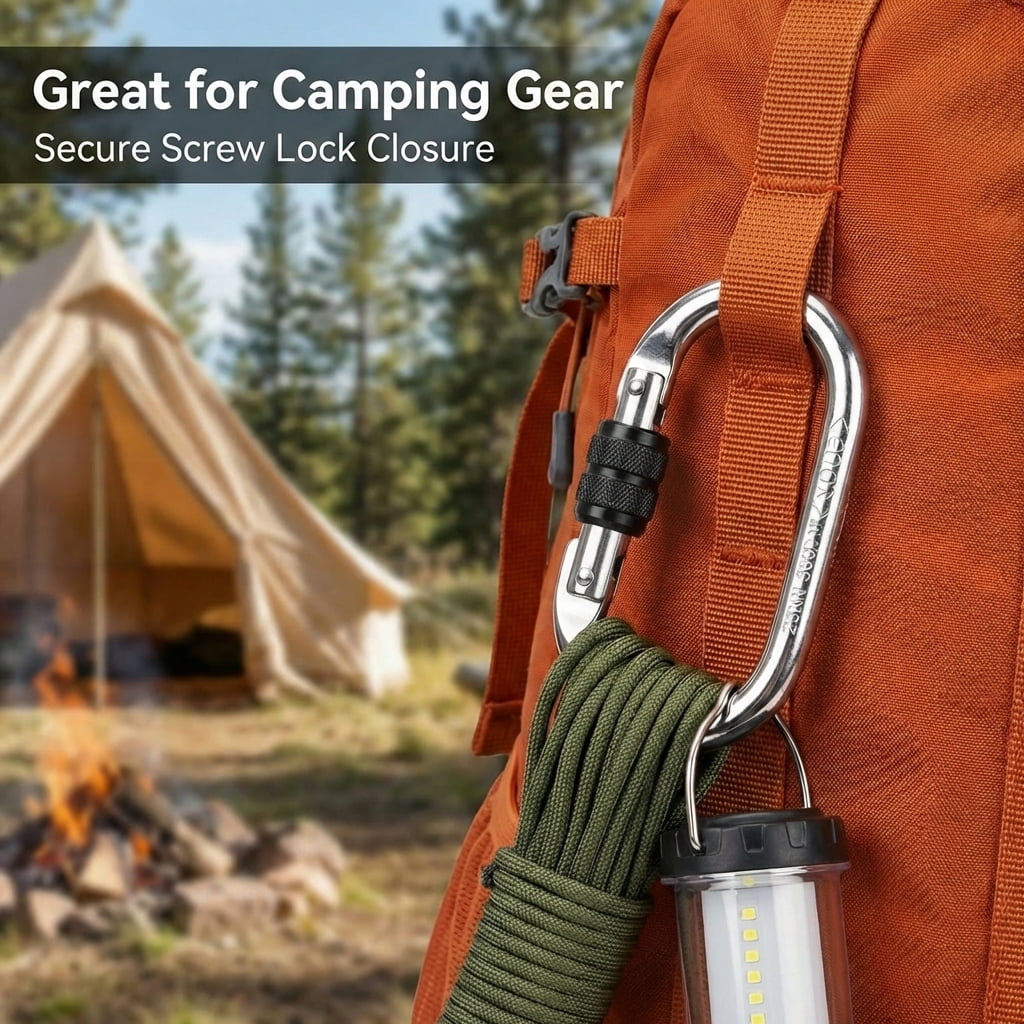 CNDRLEF Heavy Duty Locking Carabiner Clips, 25kN / 5600 lbs Screw Lock Metal Carabiners with Knurled Anti-Slip Sleeve, O-Shape for Hammocks, Camping, Gear Storage, Hanging Chair, 2 Pack