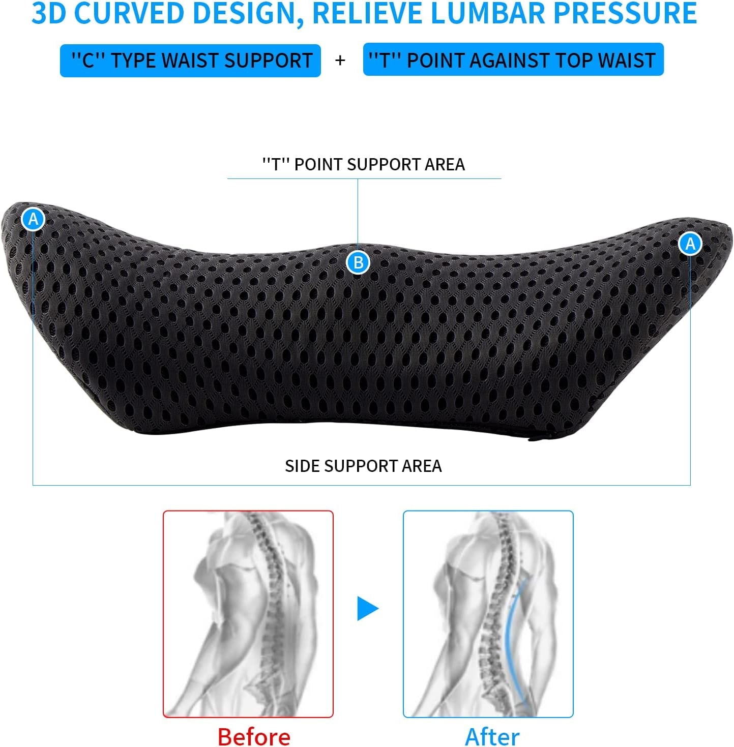 CNDRLEF Lumbar Support Pillow for Office Chair, Car Seat, Bed & Recliner - Ergonomic Memory Foam Back Cushion with Breathable Mesh, Pain Relief for Lower Back, Black