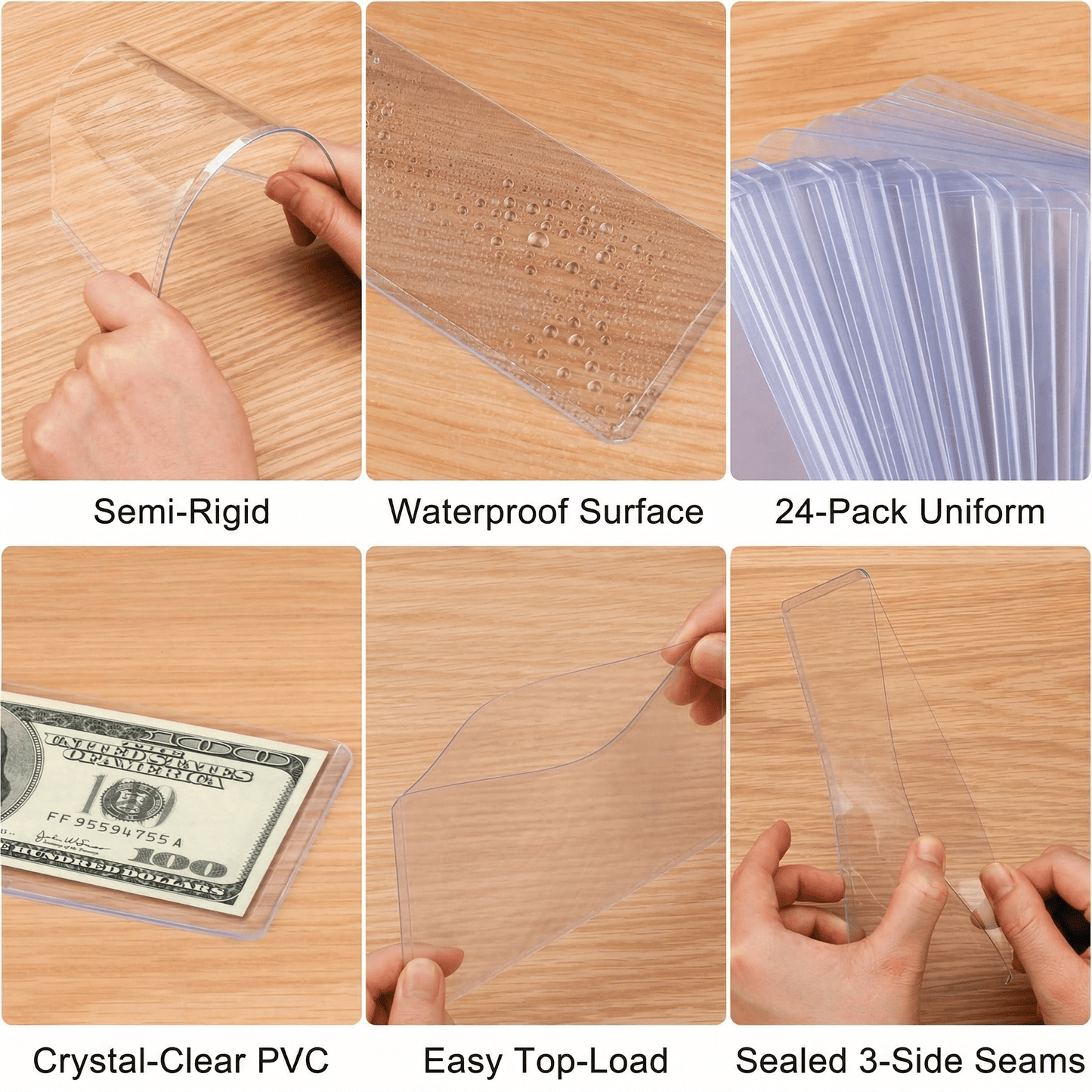 CNDRLEF 24 Pack Dollar Bill Sleeves, Clear Semi-Rigid PVC Currency Holders, Waterproof Money Protectors for Collectors, 6.8 x 2.9 in, Top-Load