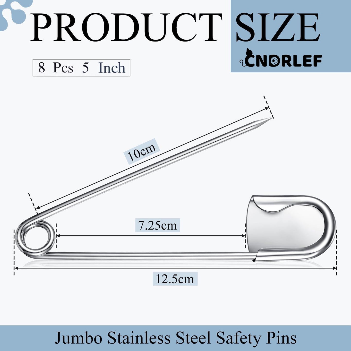 CNDRLEF 8 Pack 5 Inch Jumbo Stainless Steel Safety Pins - Extra Large Heavy Duty, Secure Locking for Outdoor, Craft, Key Rings, Upholstery (Silver)