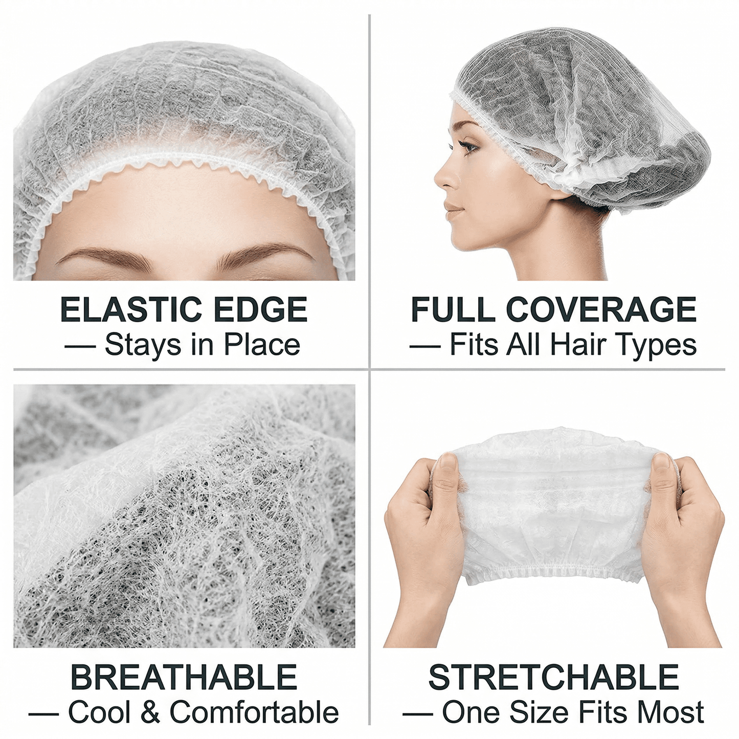CNDRLEF Disposable Bouffant Caps 100 Count, 21 Inch Hair Nets with Double Elastic Band, Breathable Non-Woven Hair Covers, White