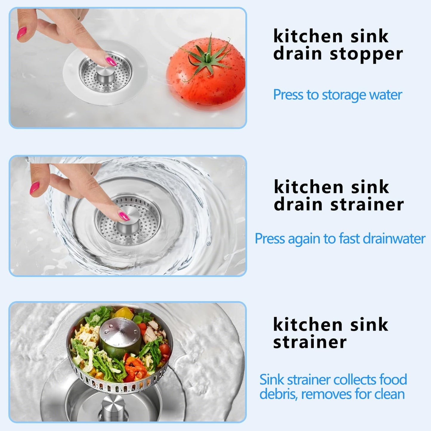 CNDRLEF 3 in 1 Kitchen Sink Drain Strainer & Stopper Combo, SUS304 Stainless Steel Pop-Up Sink Strainer, Anti-Clogging & Odor Resistant Drain Filter for US Standard Kitchen Sink
