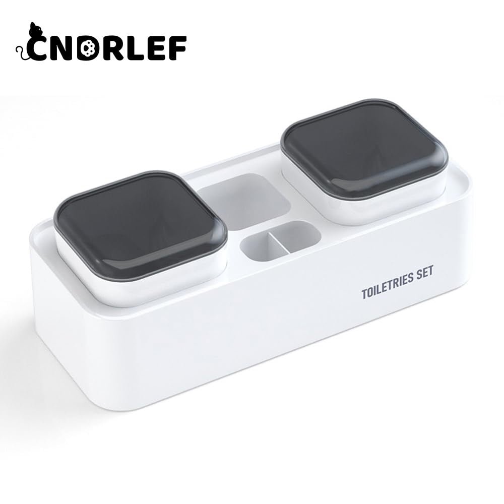 CNDRLEF Wall Mount Toothbrush Holder with 2 Black Lid Cups, Adhesive, Electric Brush Hanger & Toothpaste Shelf