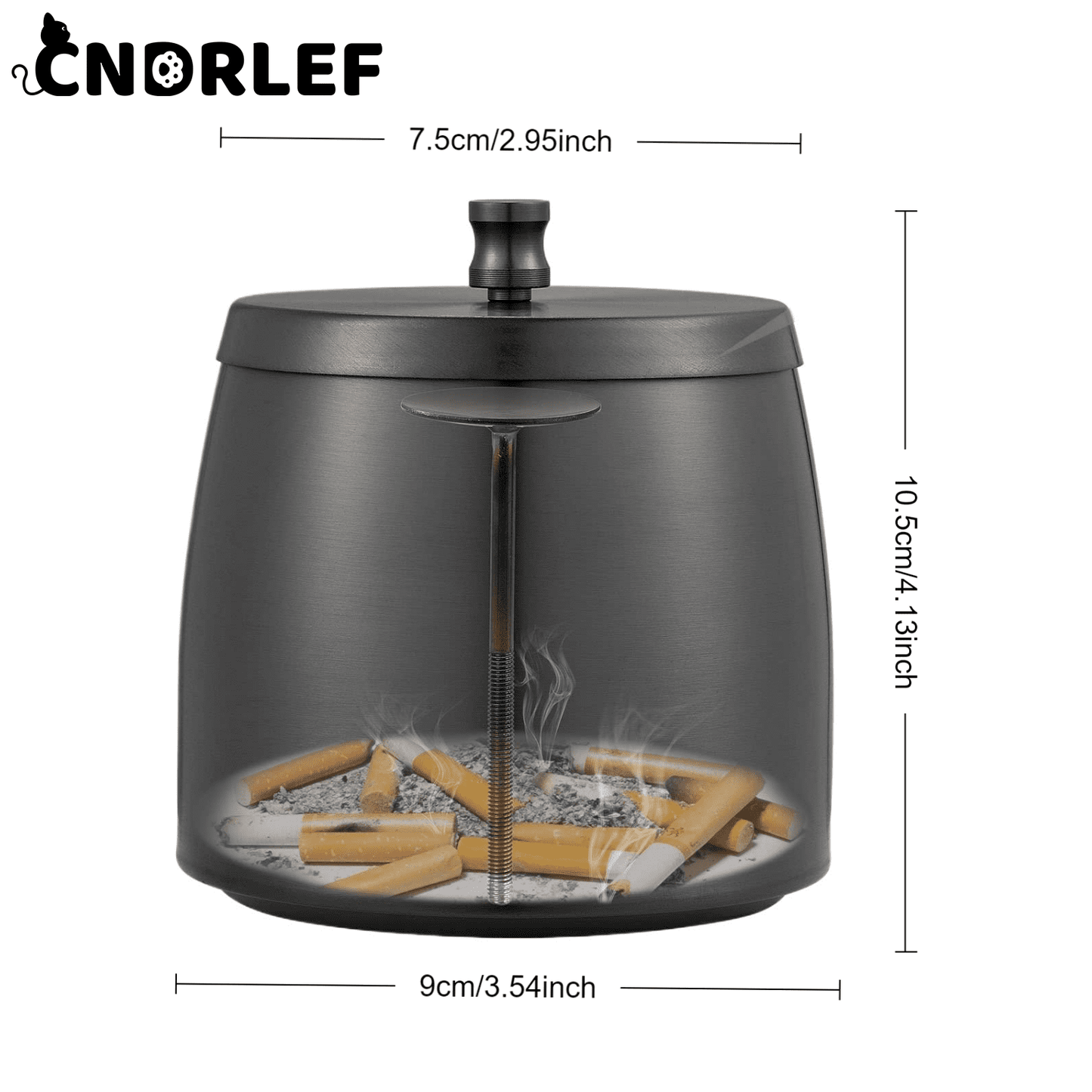 CNDRLEF Stainless Steel Ashtray with Lid, Medium Black - Windproof Smokeless Odorless Covered Ash Tray for Indoor Outdoor Home Office Patio