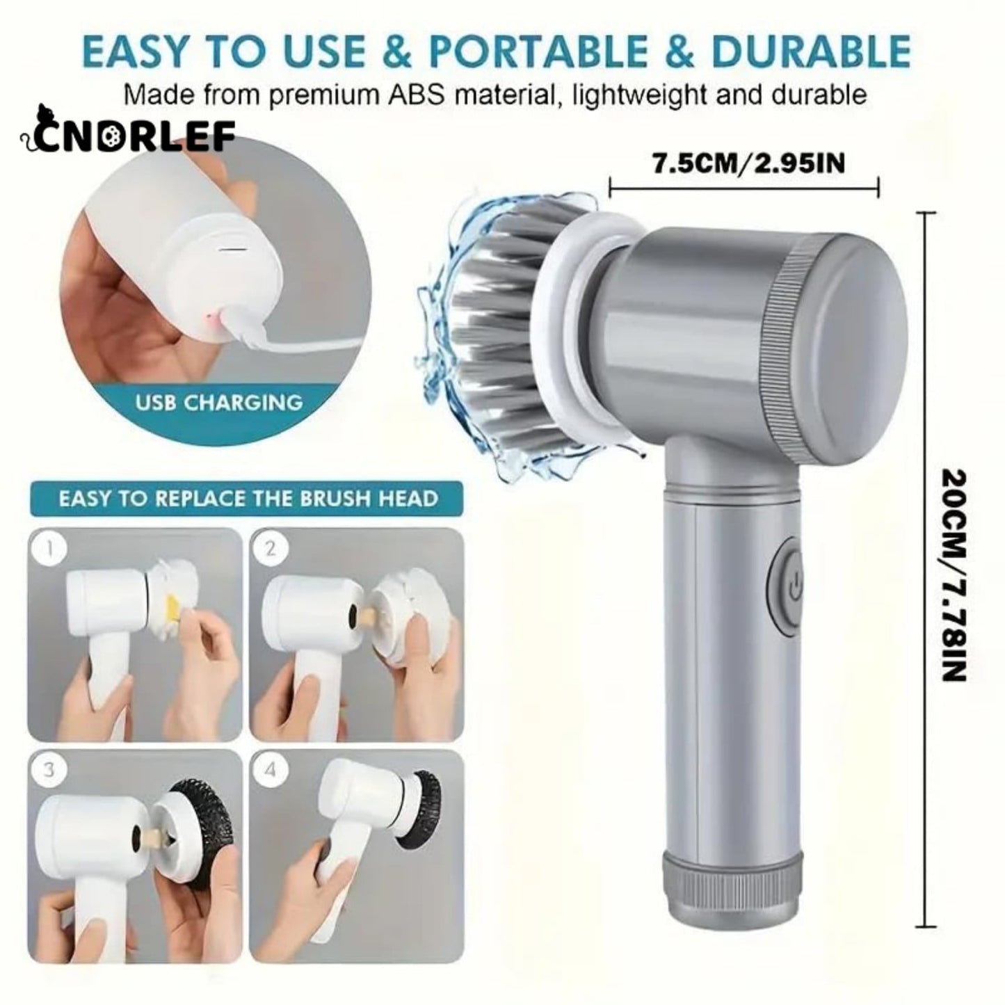 CNDRLEF Electric Spin Scrubber - Cordless 6-in-1 Multipurpose Scrubber for Bathroom, Kitchen, Tile, Sink with 6 Brush Heads, 350RPM, IPX6 Waterproof & 100Min Battery Life