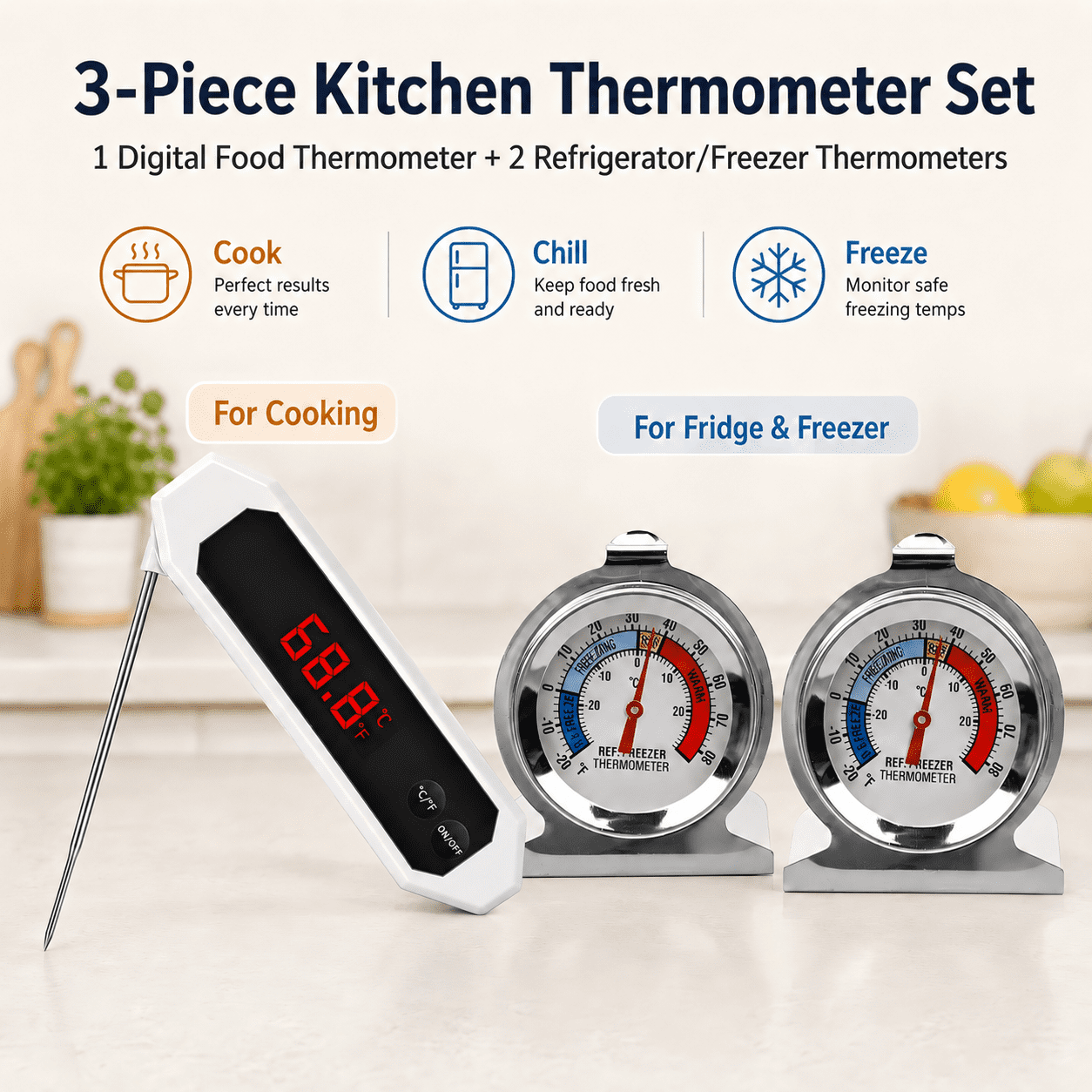 CNDRLEF 3-Piece Kitchen Thermometer Set, Digital Meat Food Thermometer with 2 Refrigerator Freezer Thermometers for Cooking, Grill, Fridge, Freezer