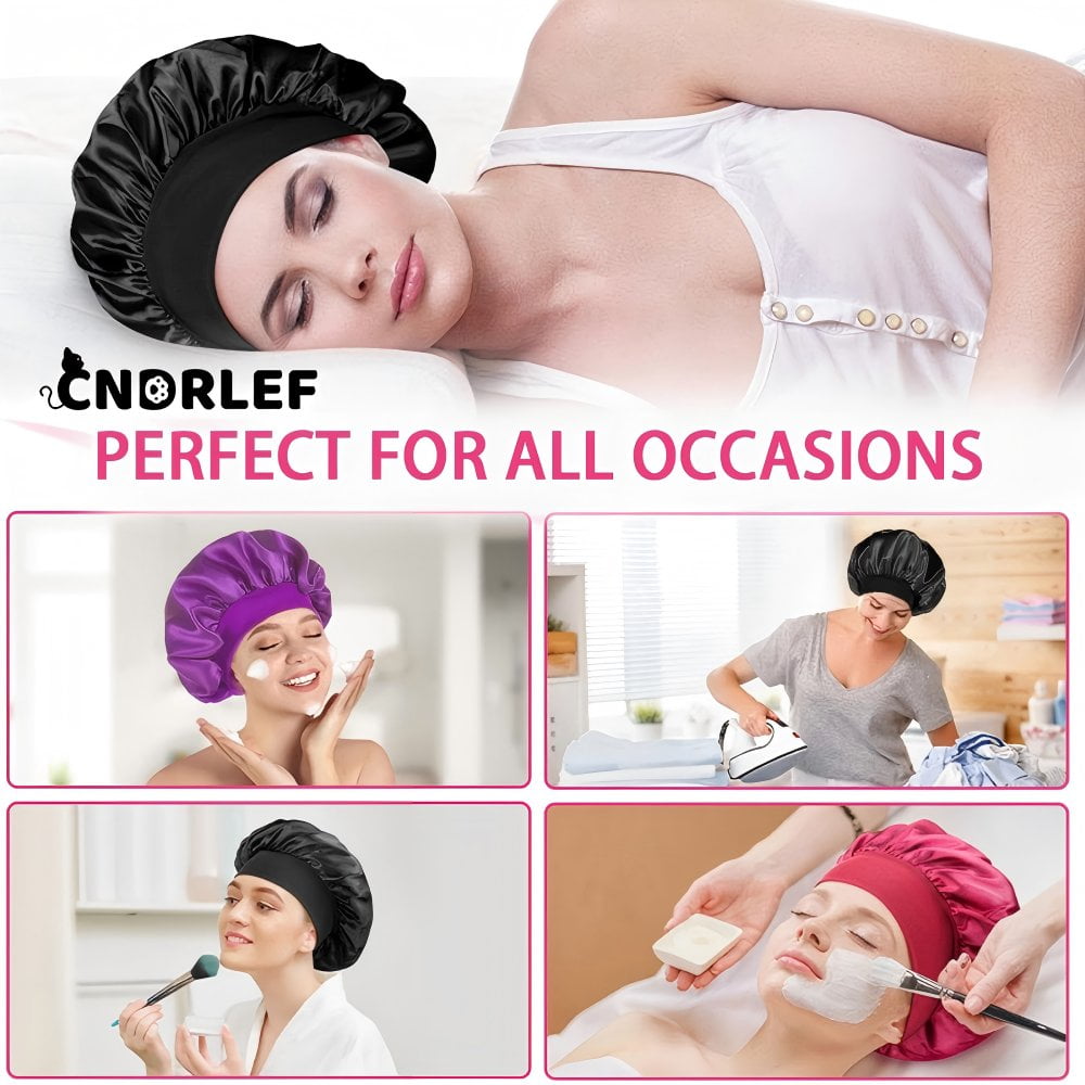 CNDRLEF 4PCS Luxury Satin Sleep Bonnets - Elastic Wide Band Hair Wrap for Curly & Natural Hair, Extra Room, Shower Cap, Works for All Hair Styles/Lengths (Pink, Leopard, Black, Peacock Green)