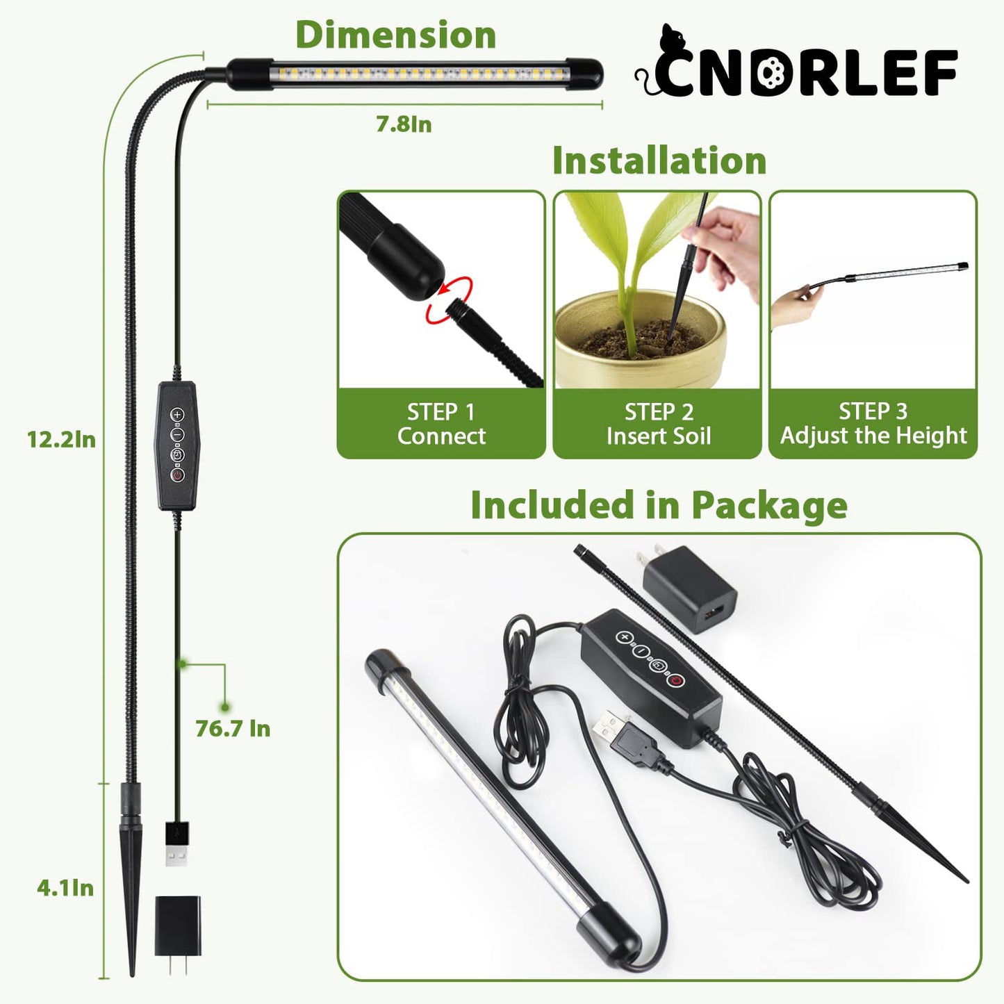 CNDRLEF 6000K Full Spectrum Grow Light for Indoor Plants, Gooseneck Plant Lamp with Auto On/Off Timer & 5 Dimming Modes