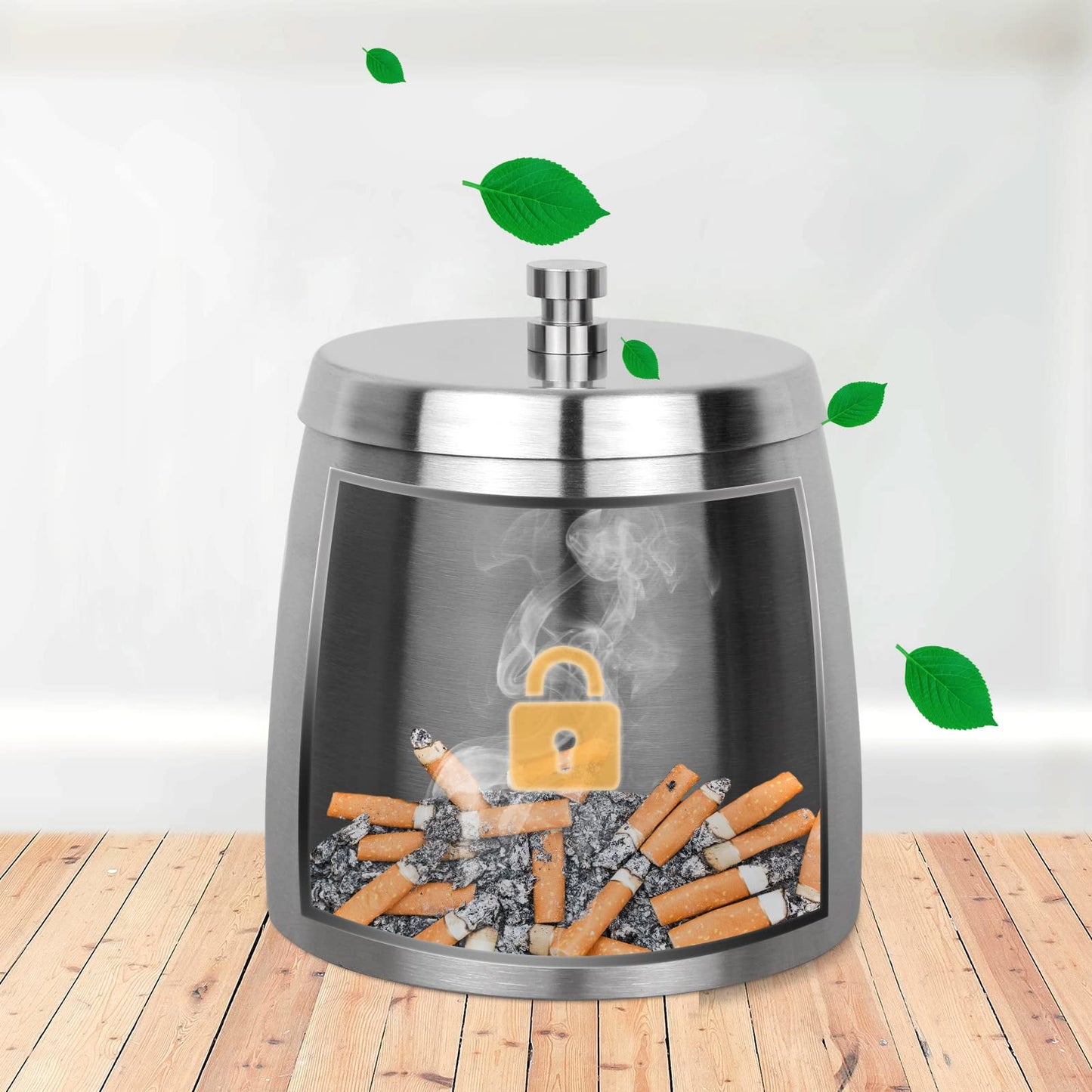 CNDRLEF Stainless Steel Ashtray with Lid, Medium Silver - Windproof Smokeless Odorless Covered Ash Tray for Indoor Outdoor Home Office Patio