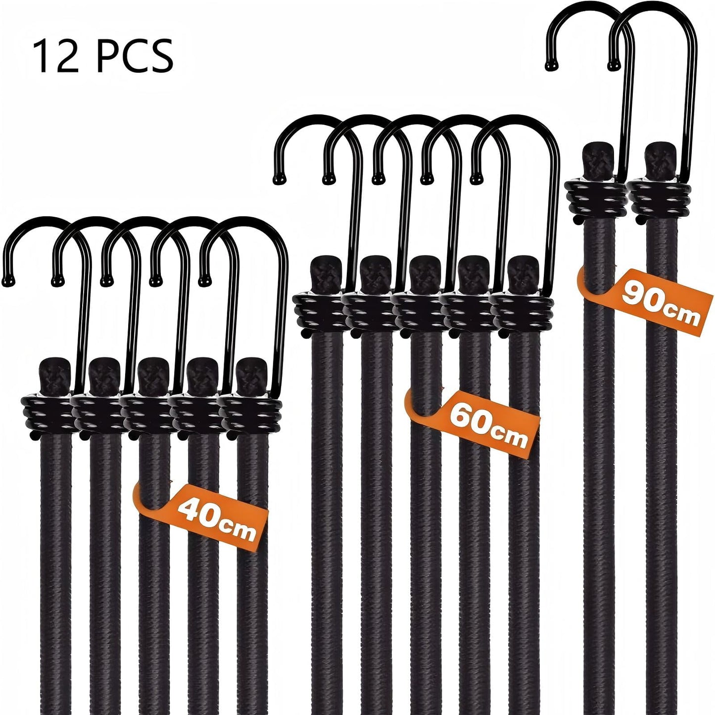 CNDRLEF 12-Pack Heavy Duty Bungee Cords with Hooks, 8mm Elastic Rope Set for Outdoor, Camping, Bike Tarp, Luggage & Storage (5x15.7in, 5x23.6in, 2x35.4in) - 77LBS Tensile Strength