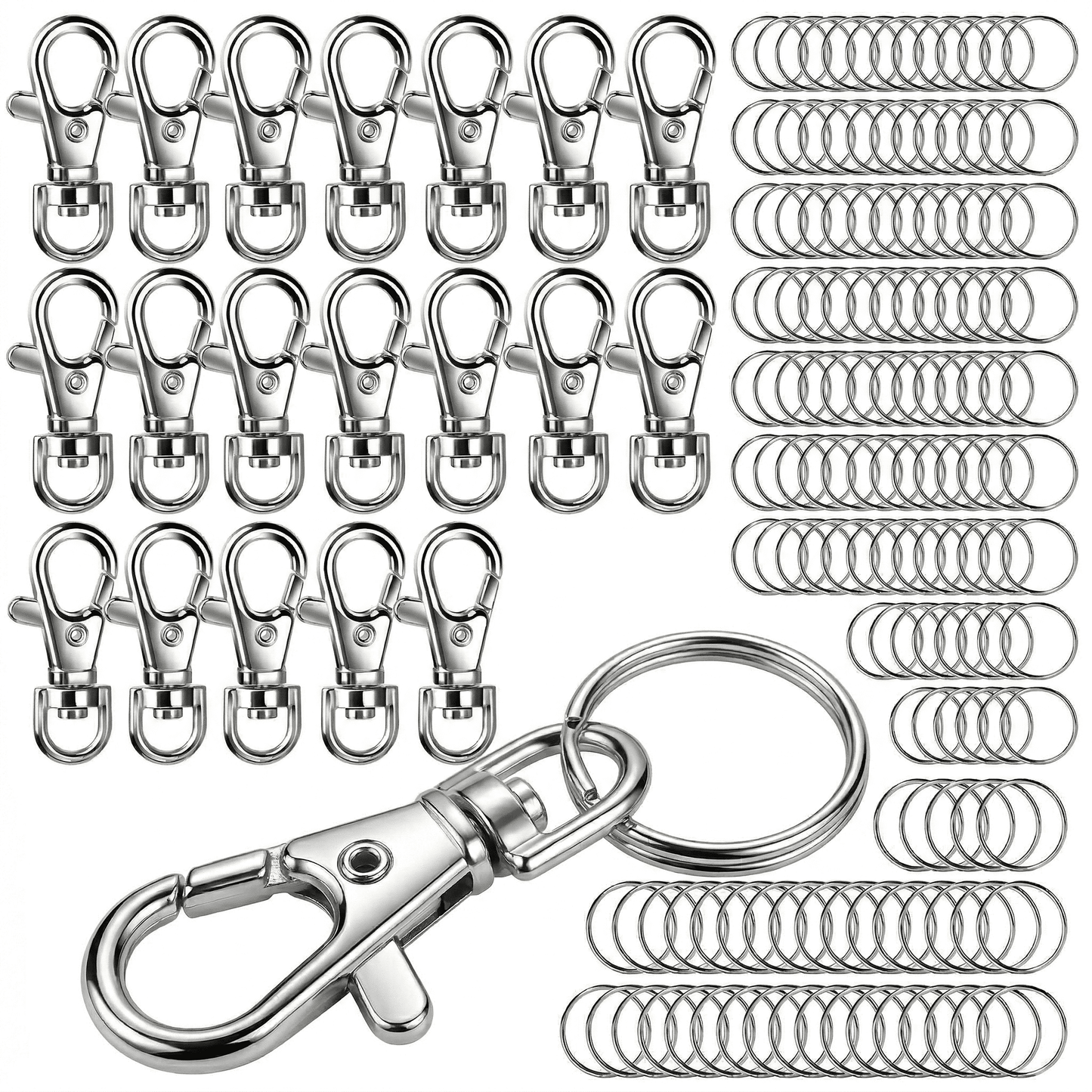 CNDRLEF 120PCS Swivel Snap Hooks with Key Rings, 35mm Lobster Claw Clasps and 25mm Split Rings for Keychains, Lanyards, Badges, DIY Crafts, Silver