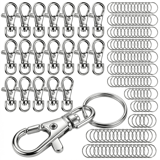CNDRLEF 120PCS Swivel Snap Hooks with Key Rings, 35mm Lobster Claw Clasps and 25mm Split Rings for Keychains, Lanyards, Badges, DIY Crafts, Silver