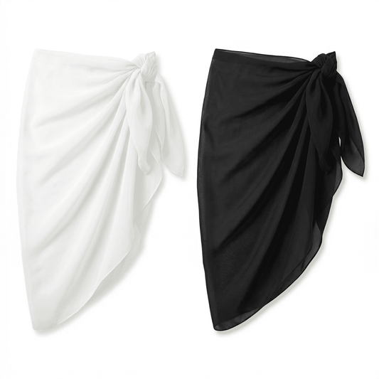 CNDRLEF 2PCS Women Beach Sarong Cover Ups, Sheer Chiffon Bikini Wrap Skirt, Lightweight Swimsuit Cover Up, Black & White, 20 x 71 in