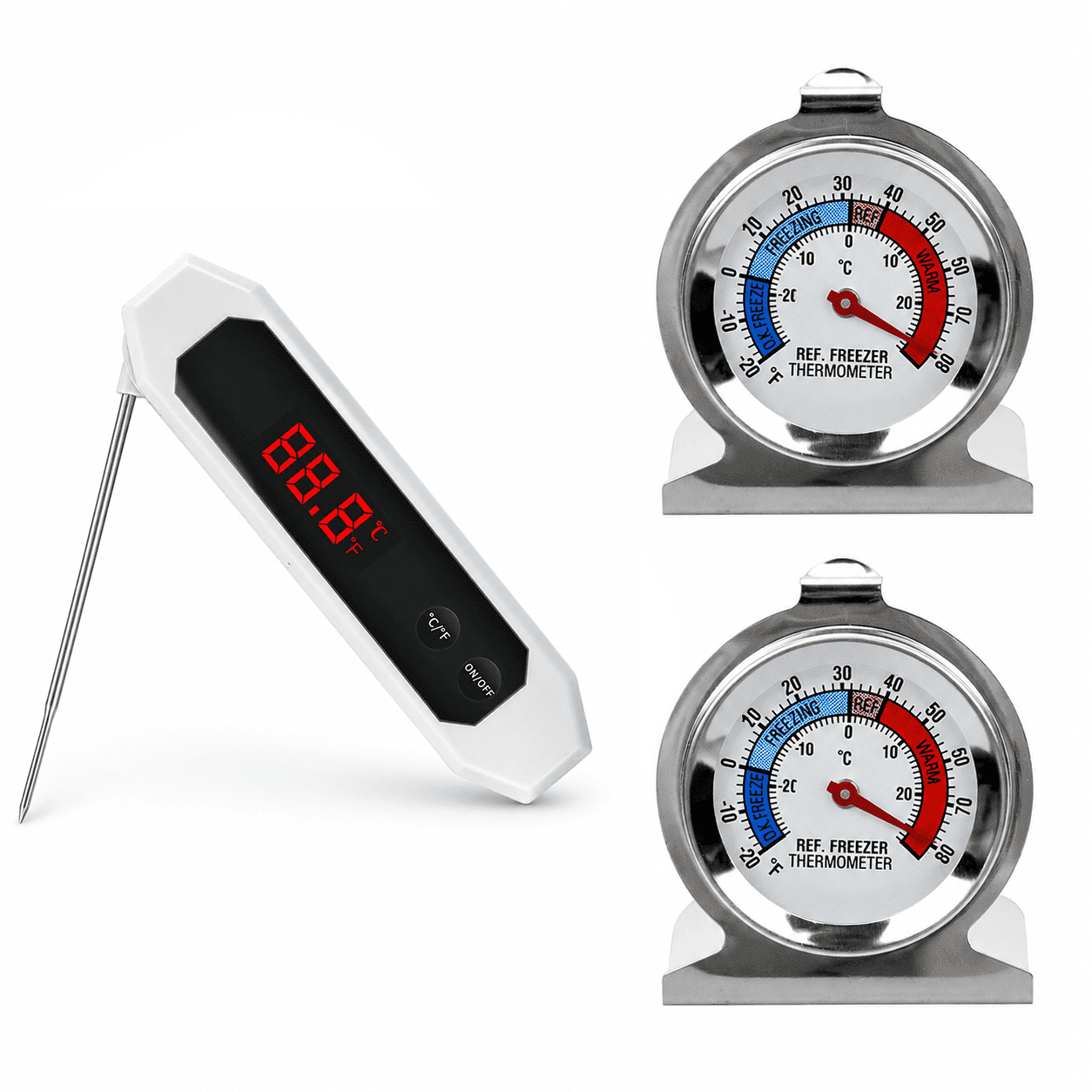 CNDRLEF 3-Piece Kitchen Thermometer Set, Digital Meat Food Thermometer with 2 Refrigerator Freezer Thermometers for Cooking, Grill, Fridge, Freezer