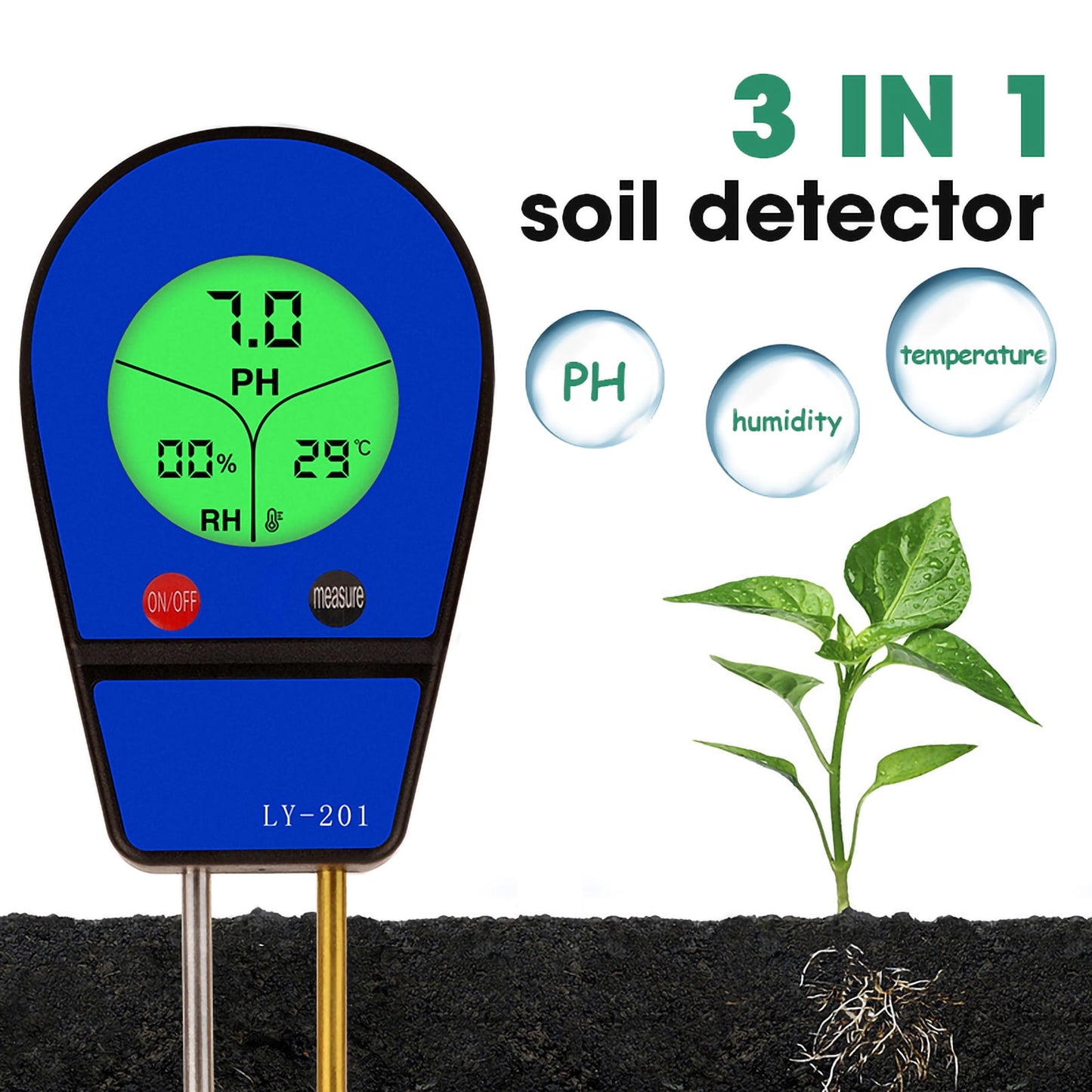 CNDRLEF 3-in-1 Soil Moisture Meter, Digital PH Meter for Soil, Temperature & Moisture Tester with Backlight LCD,Display for Gardening, Farming and Outdoor Plants