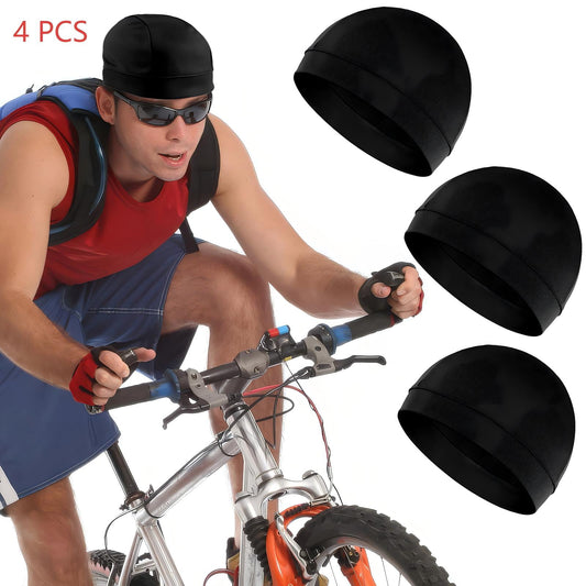 CNDRLEF 4 Pack Black Skull Cap Helmet Liner - Cooling Sweat Wicking Beanie for Cycling, Running, Work Safety Hat for Men & Women