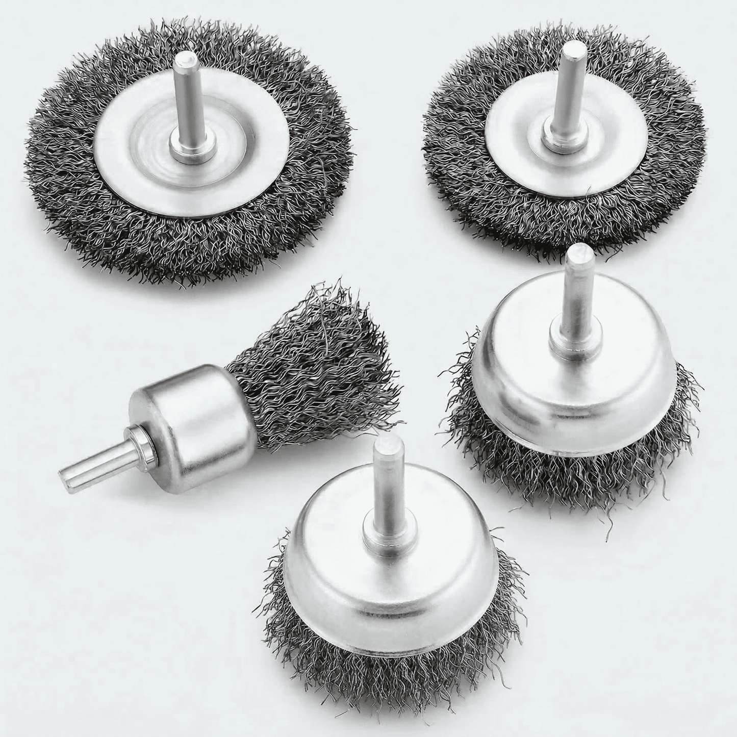 CNDRLEF 5PCS Wire Brush for Drill Set, 1/4 Inch Shank Wheel & Cup Brush Kit, Crimped Carbon Steel for Rust Removal, Paint Stripping