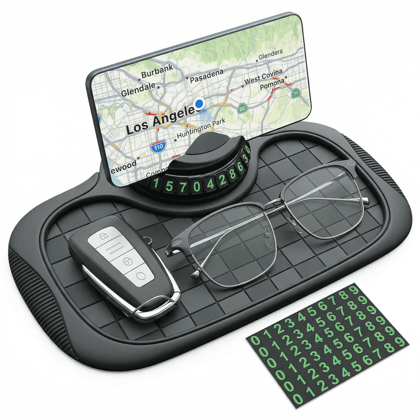 CNDRLEF Car Dashboard Organizer with Phone Holder and Parking Number Plate, Anti Slip Dash Mat, 360 Rotating Mount, 6 Number Sticker Sheets