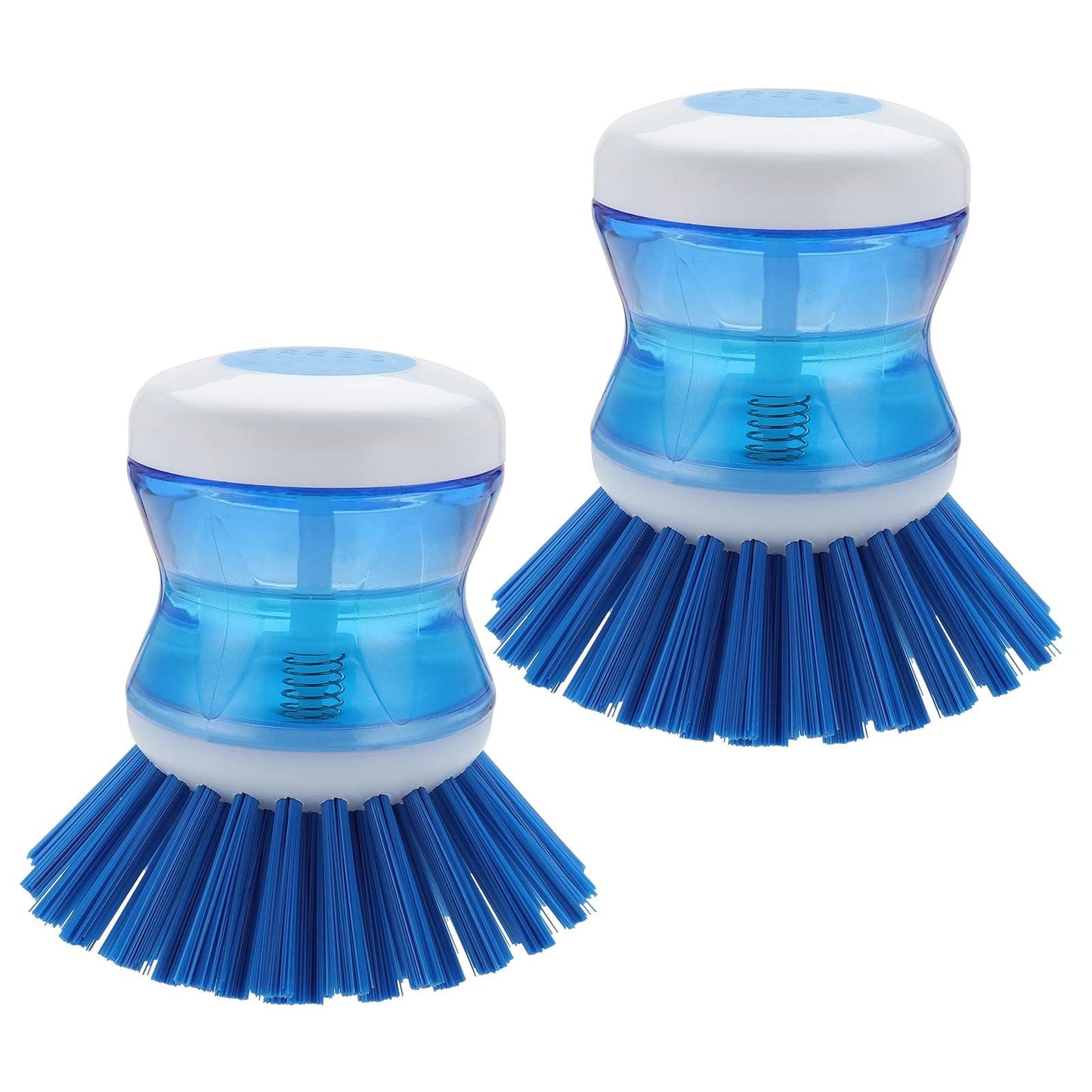 CNDRLEF Dish Brush with Soap Dispenser, 2 Pack Blue Kitchen Scrub Brush for Dishes Pots Pans, Sink Cleaning Brush with Stiff Bristles & Easy Soap Refill