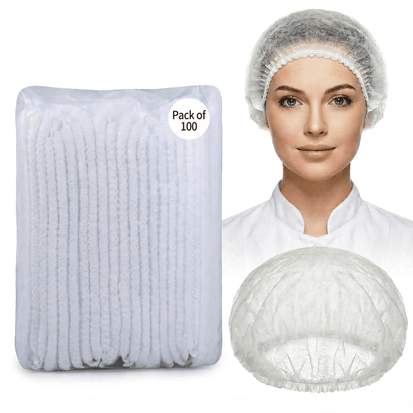 CNDRLEF Disposable Bouffant Caps 100 Count, 21 Inch Hair Nets with Double Elastic Band, Breathable Non-Woven Hair Covers, White