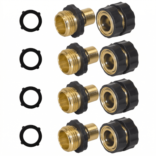 CNDRLEF Garden Hose Quick Connector, 4 Sets Solid Brass 3/4 Inch GHT Quick Connect Hose Fittings, Shut-Off Female & Male Adapters with Washers