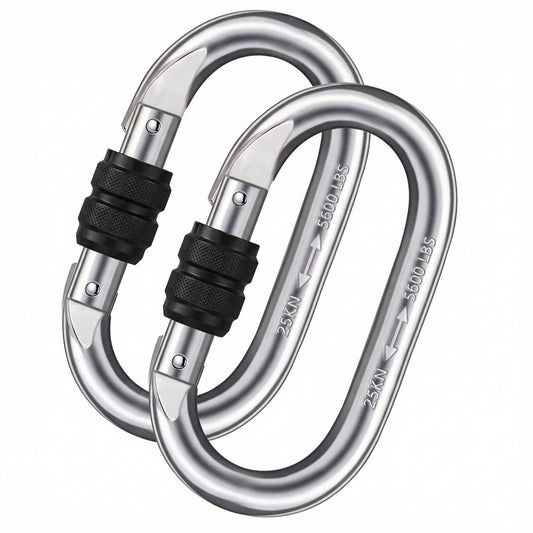 CNDRLEF Heavy Duty Locking Carabiner Clips, 25kN / 5600 lbs Screw Lock Metal Carabiners with Knurled Anti-Slip Sleeve, O-Shape for Hammocks, Camping, Gear Storage, Hanging Chair, 2 Pack