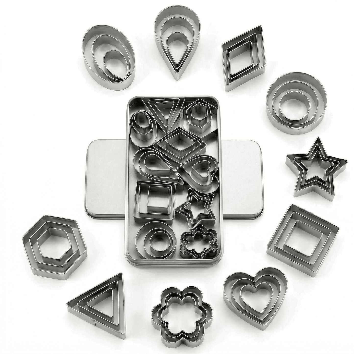 CNDRLEF Mini Cookie Cutters Set, 30 Pieces, 10 Shapes 3 Sizes, Stainless Steel Small Biscuit Cutters with Storage Tin for Baking, Fondant, Fruit