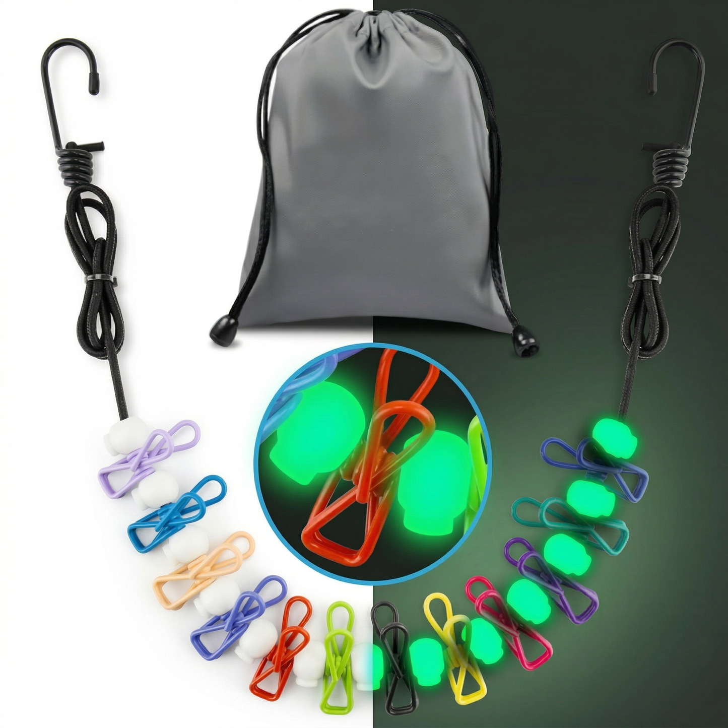 CNDRLEF Portable Travel Clothesline with 12 Clips, Glow in the Dark Laundry Line, Stretchable 6-10 Ft with Bag for Camping, Hotel, RV