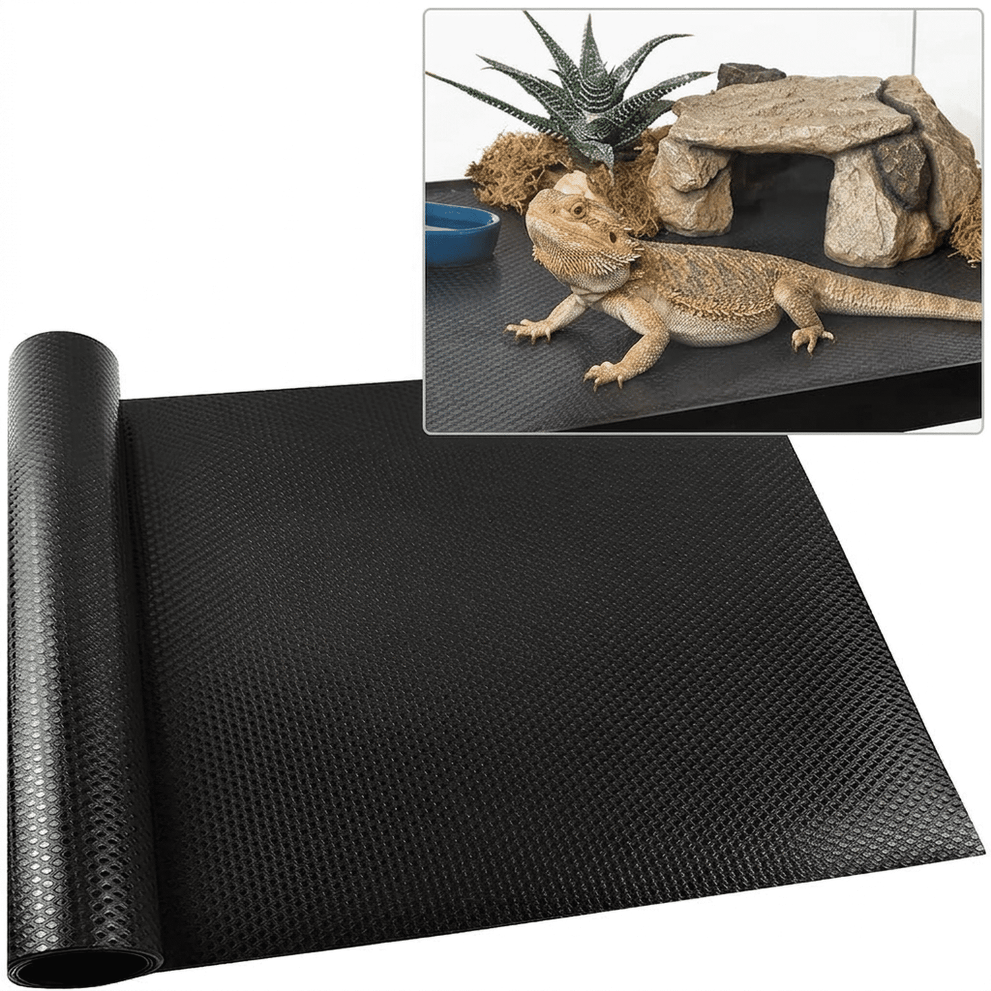 CNDRLEF Reptile Carpet, 17.5 x 79 in Cut to Fit Terrarium Liner, Textured Tank Mat for Bearded Dragon, Leopard Gecko, Snake & Tortoise, Black