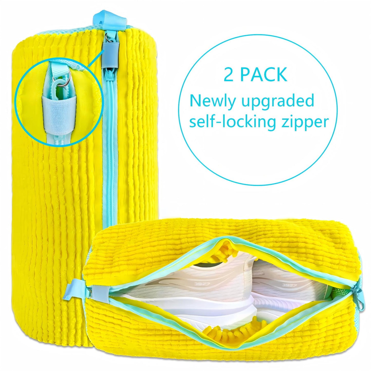 CNDRLEF Shoe Washing Bag for Washing Machine, XL Chenille Microfiber Shoe Cleaner Laundry Bag with Self-Locking Zipper, Heavy-Duty 260g Each, Yellow, 2 Pack