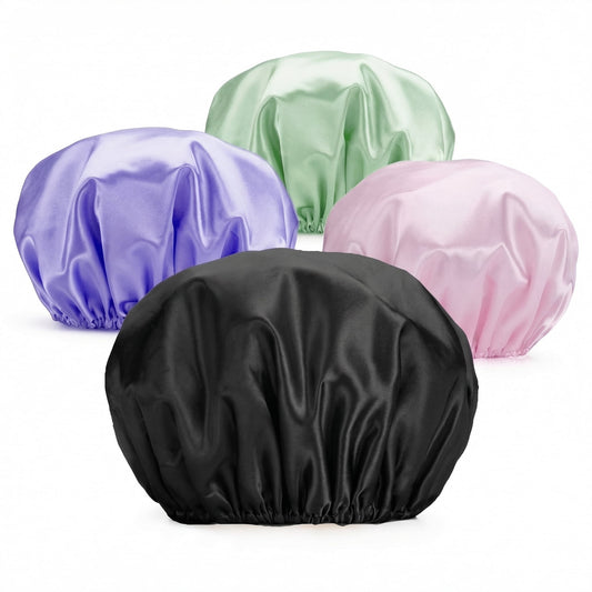 CNDRLEF Shower Caps for Women, 4 Pack Reusable Waterproof Shower Caps, Double Layer Bathing Caps with Polyester Outer & EVA Inner, Elastic Large Size Hair Caps for Shower, Bath and Spa