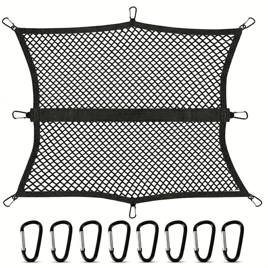 CNDRLEF Truck Bed Cargo Net, 4 x 4 ft Stretches to 7 x 7 ft, Double-Layer Mesh, 8 Metal Carabiners, Fits Pickup, SUV, Trailer, Boat
