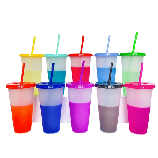 CNDRLEF [Color Changing Tumblers 24oz 10-Pack] Reusable Cups w/Straws for Iced Coffee & Smoothies | Splash-Proof, Changes Below 53°F, Fits Cup Holder | BPA-Free Drinkware