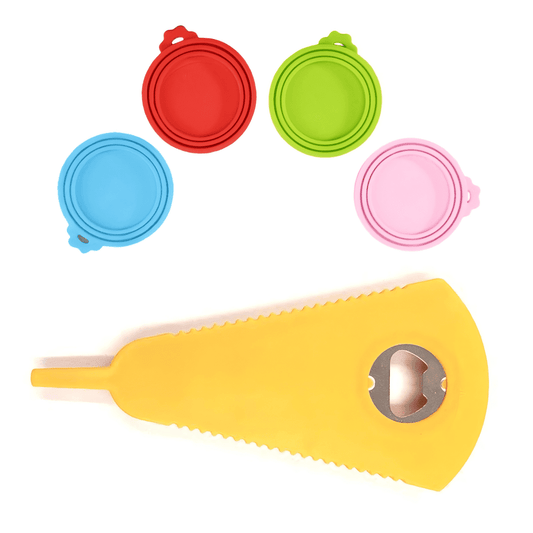 CNDRLEF 4-Pack Universal Silicone Pet Food Can Covers & Lids + 1 Multifunction Bottle Opener Combo Set (Fit 3 Sizes - Dog & Cat Food Can Toppers)