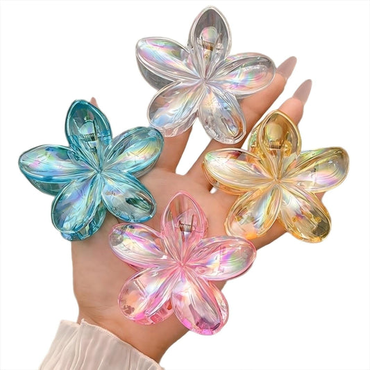 CNDRLEF 4Pcs Large Sparkle Flower Hair Clips (3.15 Inch) - Rainbow Finish for Women & Girls, Non-Slip Claw Clip for Ponytail, Bun, Braid - Gift Set (Blue, Clear, Gold, Pink)