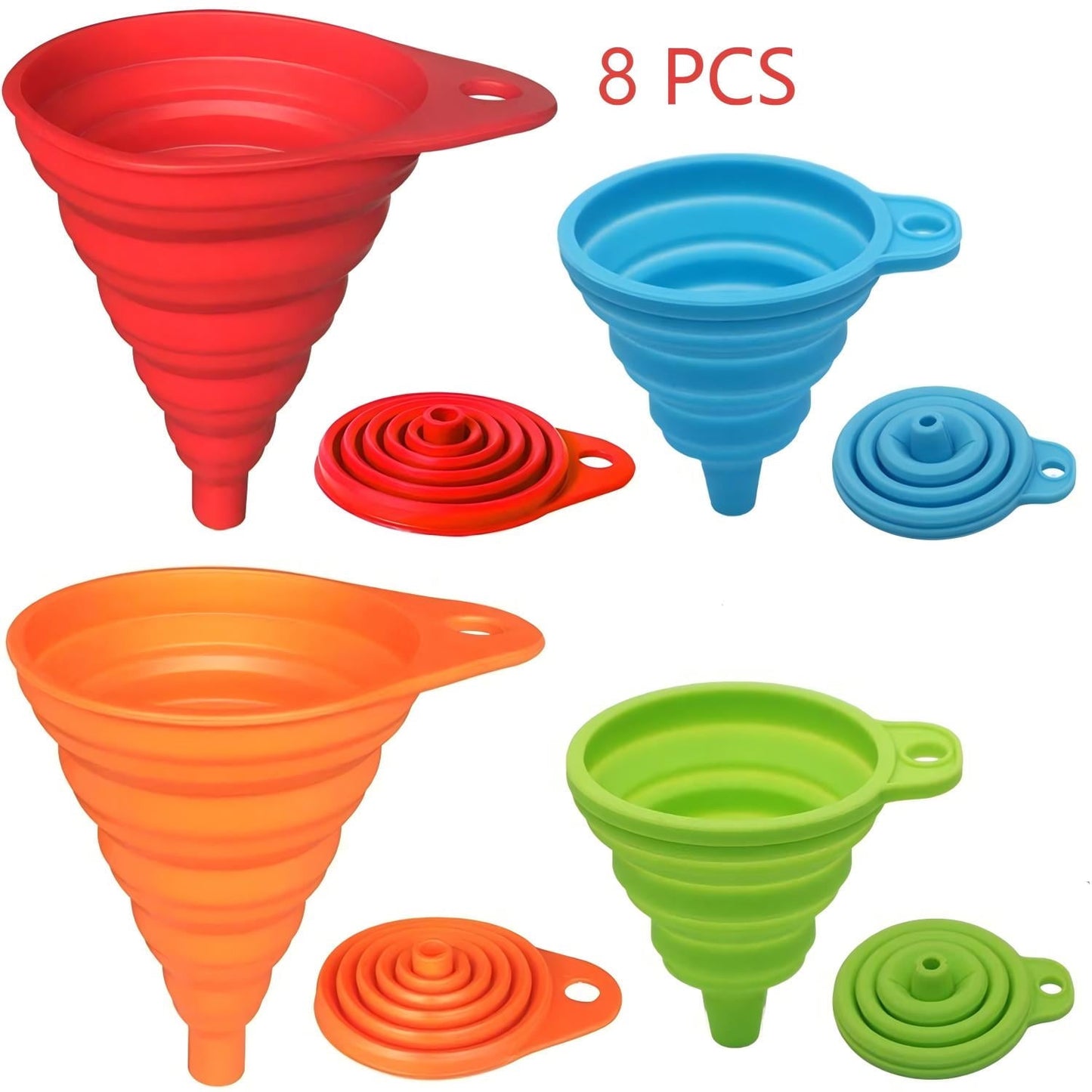 CNDRLEF Kitchen Funnel Set 8 Pack, Small and Large, Kitchen Gadgets Accessories Foldable Silicone Collapsible Funnels for Filling Water Bottle Liquid Transfer Food Grade
