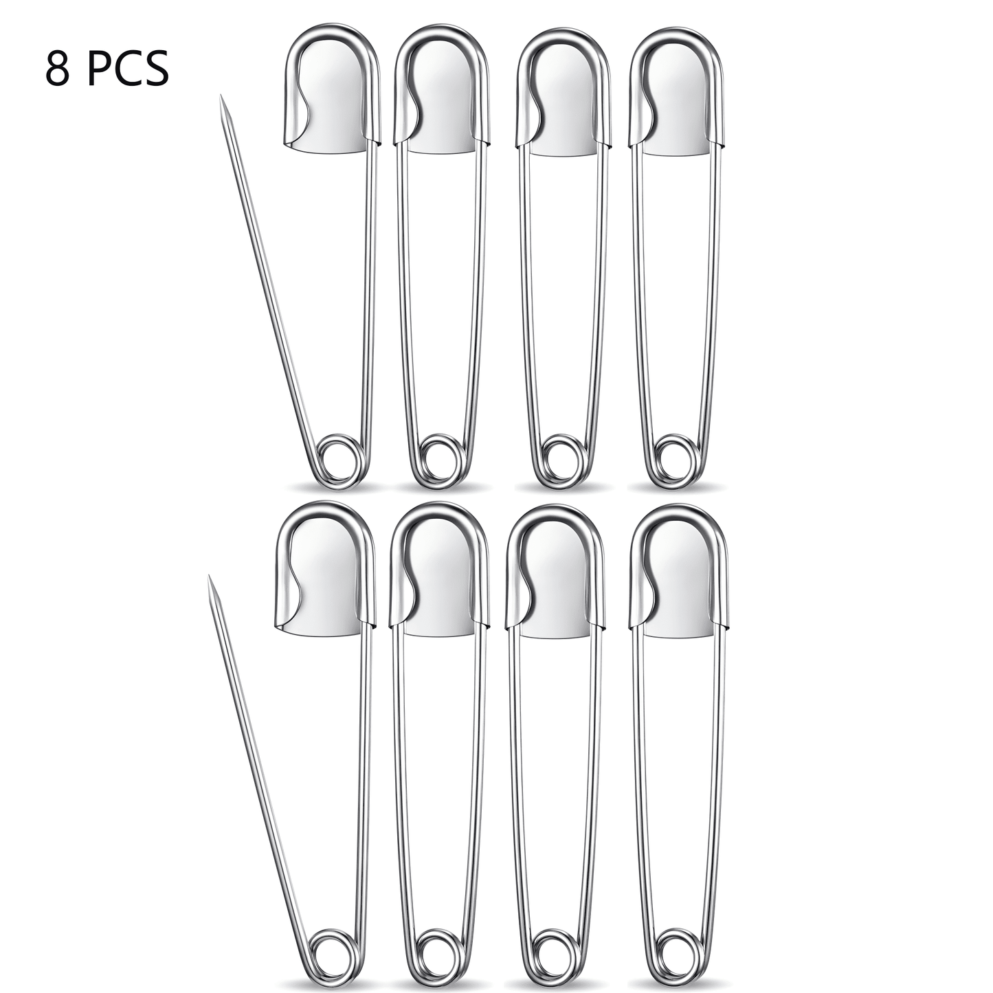 CNDRLEF 8 Pack 5 Inch Jumbo Stainless Steel Safety Pins - Extra Large Heavy Duty, Secure Locking for Outdoor, Craft, Key Rings, Upholstery (Silver)