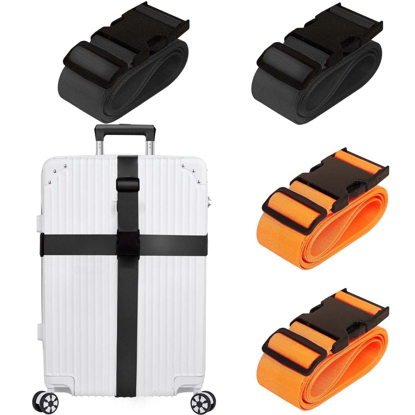 CNDRLEF Heavy Duty Luggage Straps 4-Pack for Suitcases, 2 Black + 2 Orange