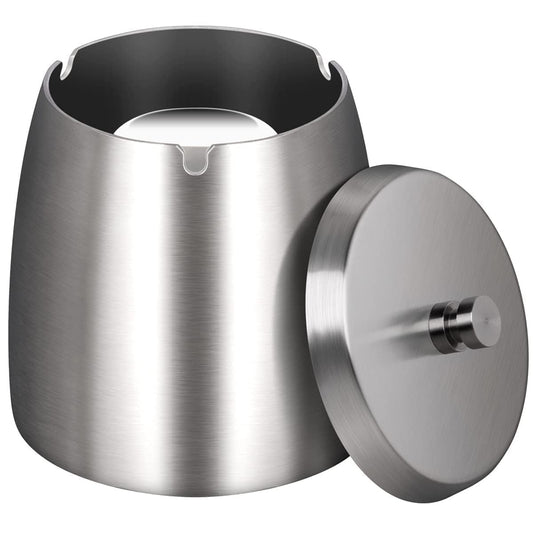 CNDRLEF Stainless Steel Ashtray with Lid, Medium Silver - Windproof Smokeless Odorless Covered Ash Tray for Indoor Outdoor Home Office Patio