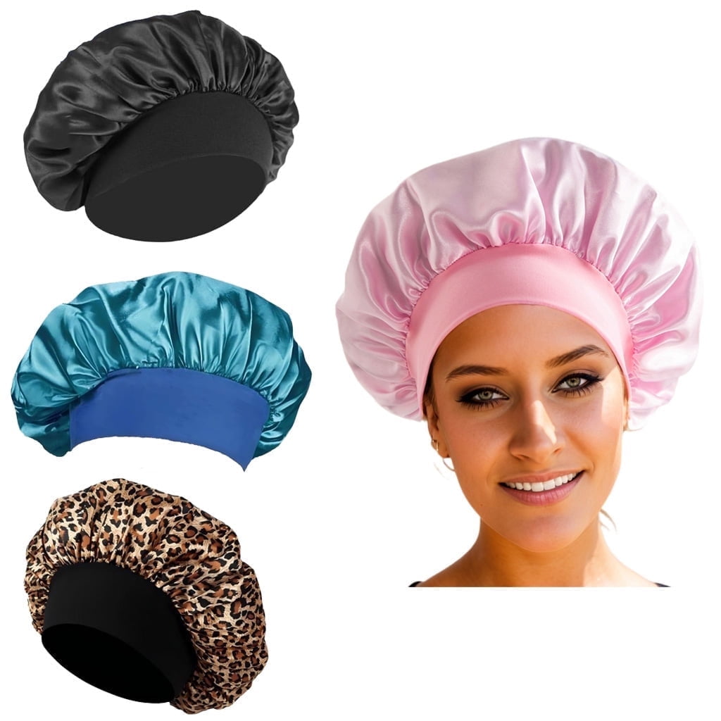 CNDRLEF 4PCS Luxury Satin Sleep Bonnets - Elastic Wide Band Hair Wrap for Curly & Natural Hair, Extra Room, Shower Cap, Works for All Hair Styles/Lengths (Pink, Leopard, Black, Peacock Green)