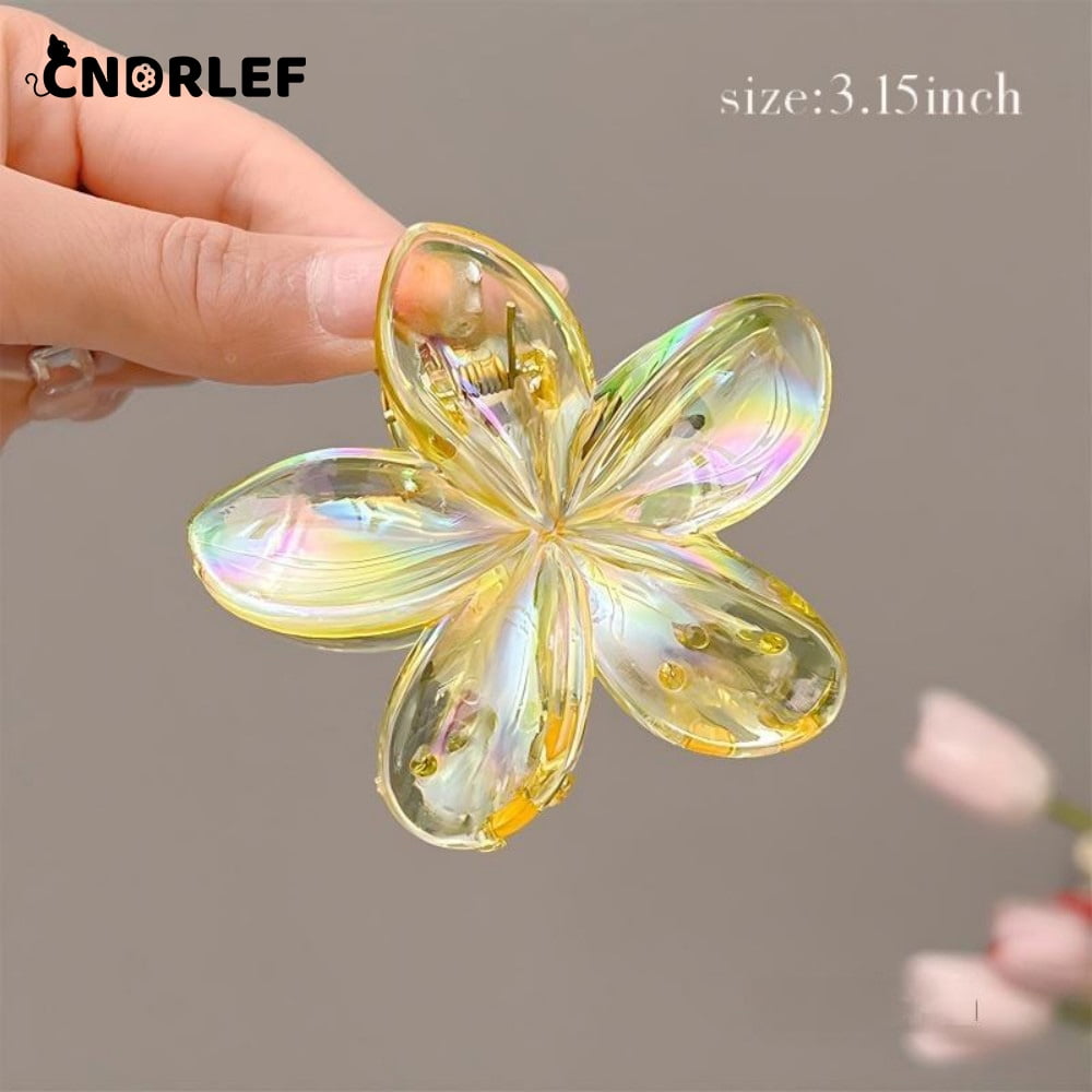 CNDRLEF 4Pcs Large Sparkle Flower Hair Clips (3.15 Inch) - Rainbow Finish for Women & Girls, Non-Slip Claw Clip for Ponytail, Bun, Braid - Gift Set (Blue, Clear, Gold, Pink)