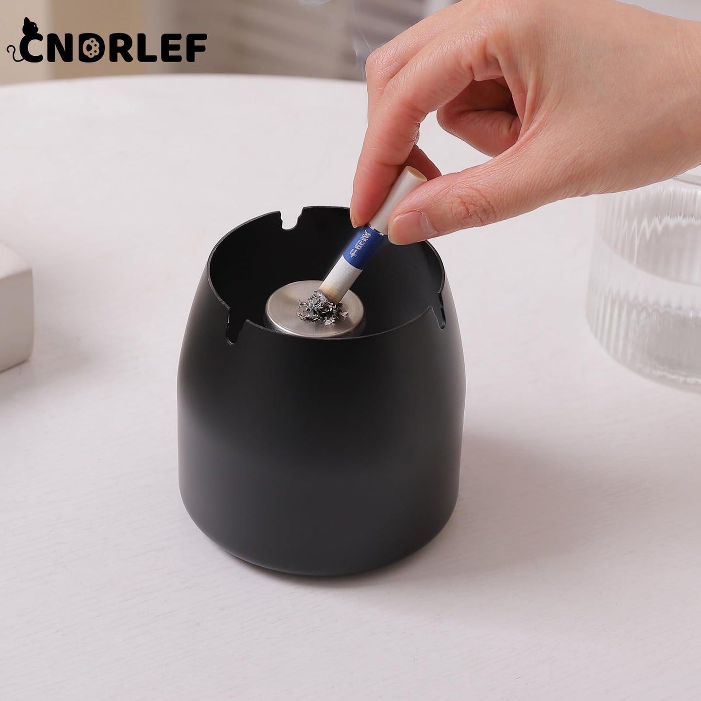 CNDRLEF Stainless Steel Ashtray with Lid, Medium Black - Windproof Smokeless Odorless Covered Ash Tray for Indoor Outdoor Home Office Patio