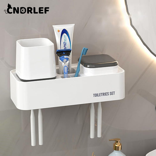 CNDRLEF Wall Mount Toothbrush Holder with 2 Black Lid Cups, Adhesive, Electric Brush Hanger & Toothpaste Shelf