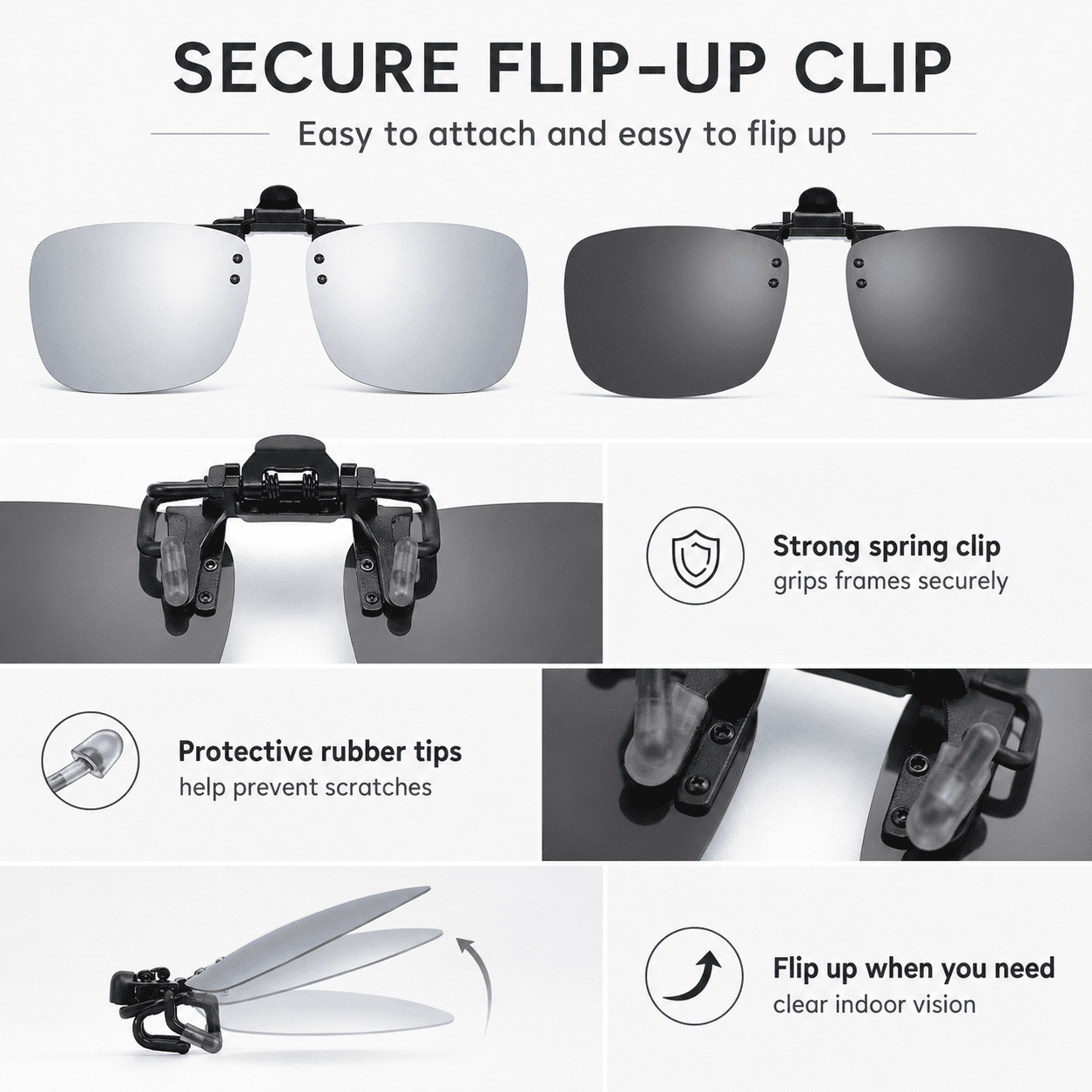 CNDRLEF 2 Pairs Polarized Clip-On Sunglasses, Flip-Up UV400 Anti-Glare TAC Lenses for Prescription Glasses, Dark Gray & Silver Mirror