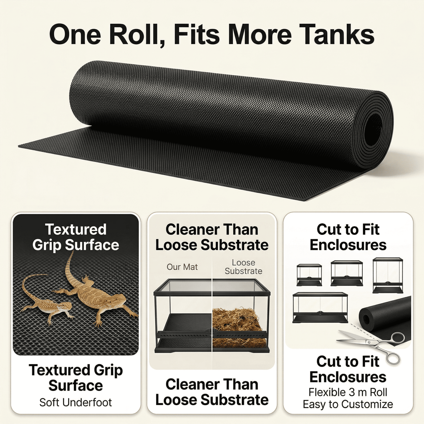 CNDRLEF Reptile Carpet, 17.5 x 79 in Cut to Fit Terrarium Liner, Textured Tank Mat for Bearded Dragon, Leopard Gecko, Snake & Tortoise, Black