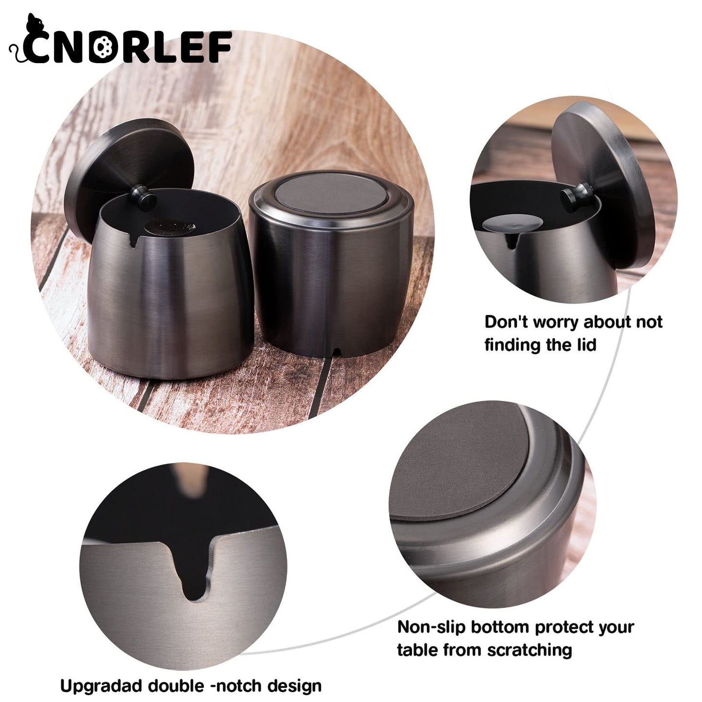 CNDRLEF Stainless Steel Ashtray with Lid, Medium Black - Windproof Smokeless Odorless Covered Ash Tray for Indoor Outdoor Home Office Patio